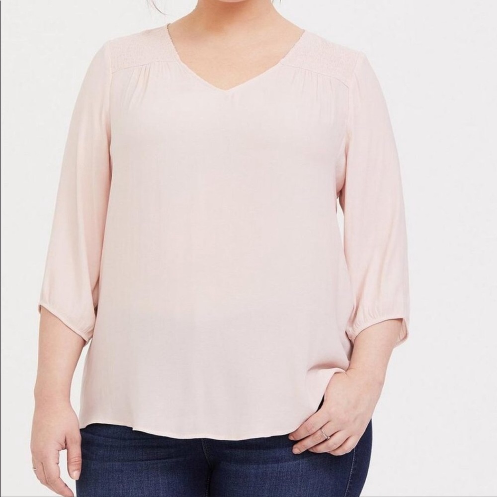Torrid Pale Blush Crepe Smocked Long Sleeve Blouse